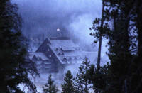 the lodge in yellowstone in fog
